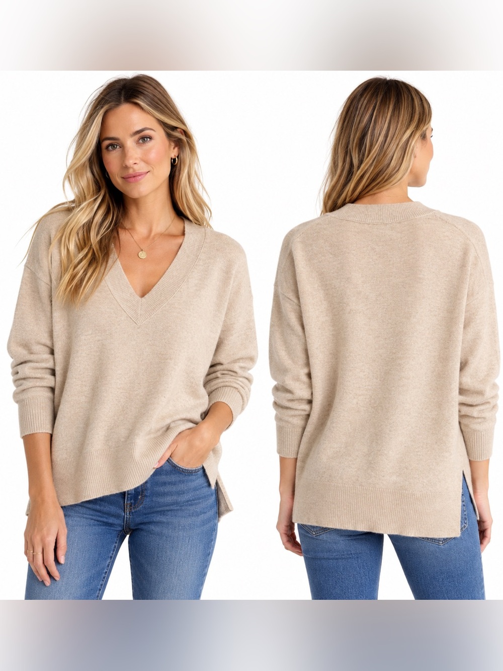 Madewell 100% Cashmere V-Neck Sweater Oatmeal Beige